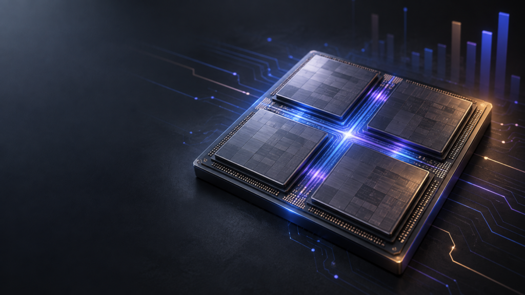 Abstract four-die silicon package with blue and violet interconnects, illustrating M5 Ultra chip architecture.