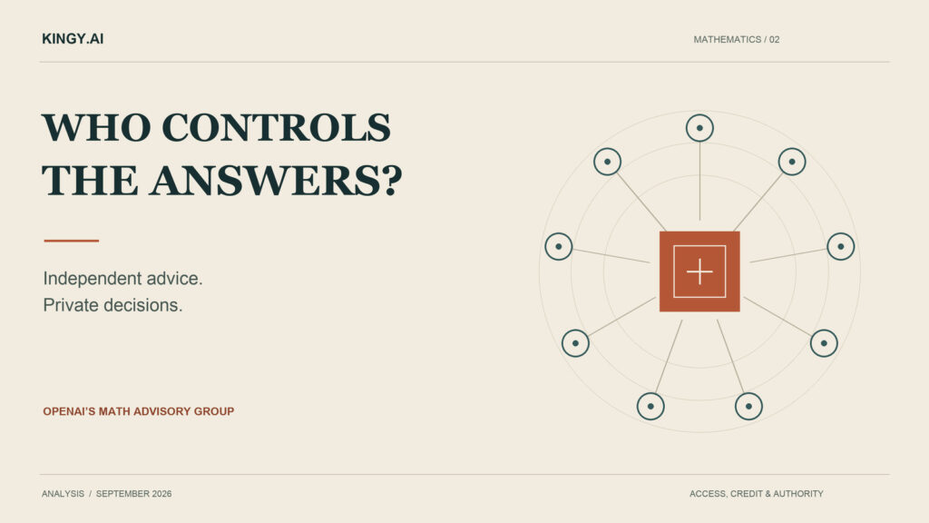 Editorial cover asking Who Controls the Answers?, with nine advisory nodes surrounding a central decision block.