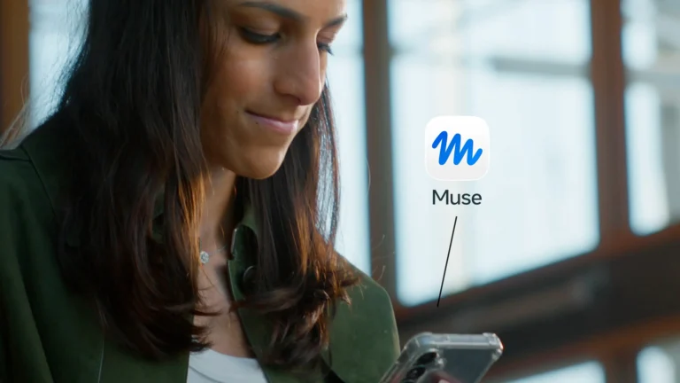 A woman using her phone beside the blue Muse app icon in Meta’s official launch artwork
