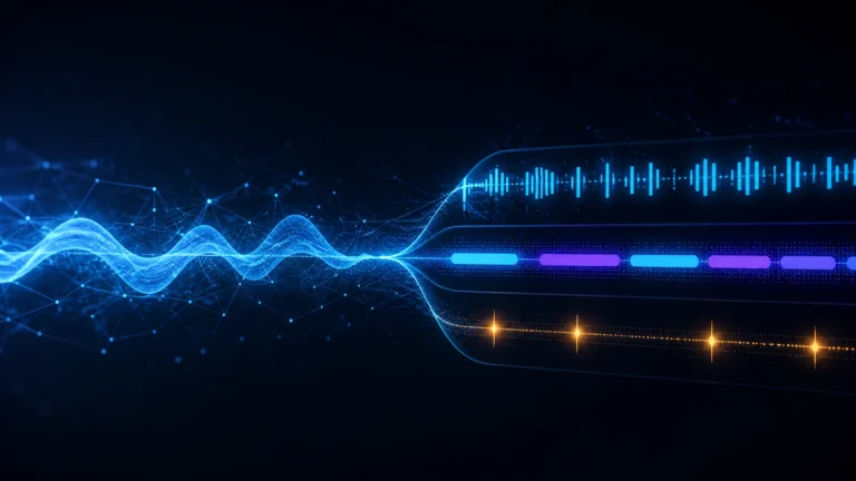 An abstract blue speech waveform splitting into transcript, speaker-turn, and endpoint event lanes