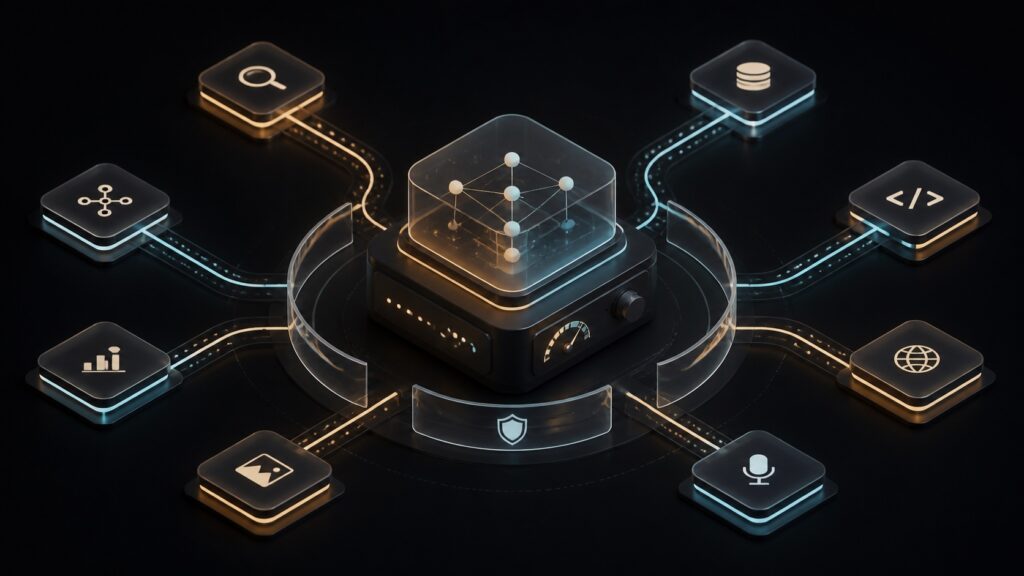 Abstract gateway routing an AI agent to search, data, code, web, image and voice tools behind a control boundary