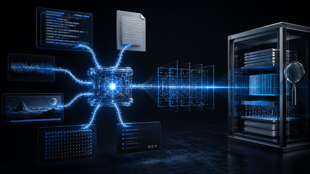 Abstract blue AI reasoning core coordinates code, documents, audio, video and terminal workflows through an evidence audit