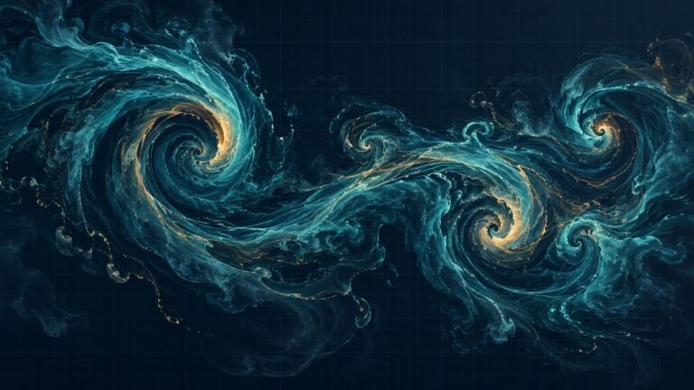 Abstract teal and amber fluid eddies flowing across a dark navy background with a faint grid.