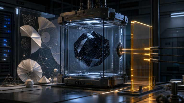 A sealed faceted model core inside a transparent evaluation chamber, with mathematical forms and controlled test equipment around it.