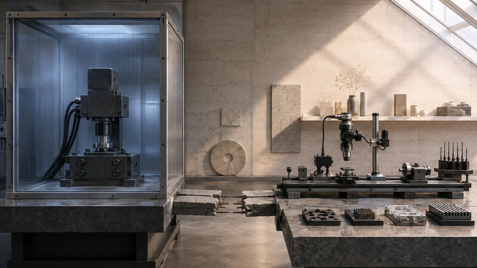 Two separate precision test chambers connected to a neutral measurement bench, illustrating the need for matched model comparisons.