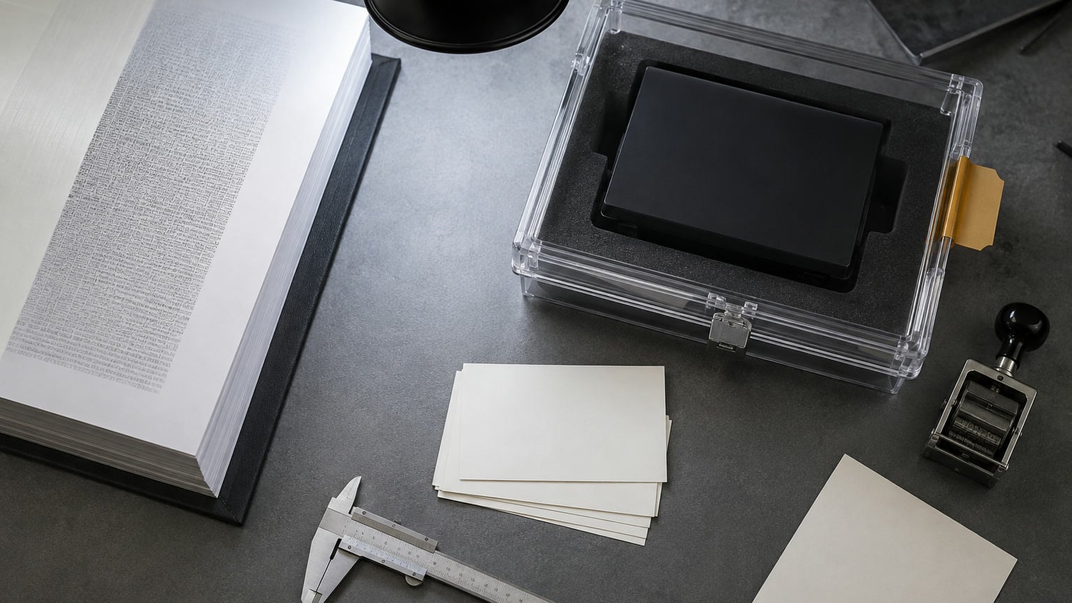 A top-down evidence desk with a sealed black device, blank record cards, a reference book, calipers and a date stamp.