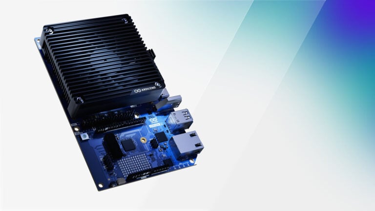 Arduino VENTUNO Q edge-AI development board with a black heatsink and exposed blue circuit board