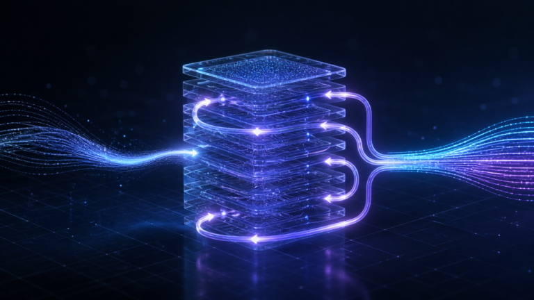 A luminous signal loops several times through a shared stack of transparent neural-network layers before exiting.