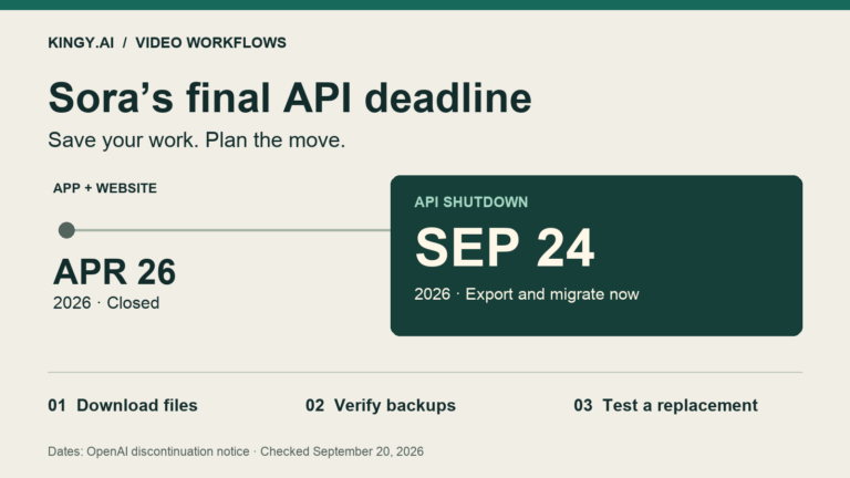Sora timeline: app and website closed April 26, 2026; API shuts down September 24, 2026. Download files, verify backups and test a replacement.