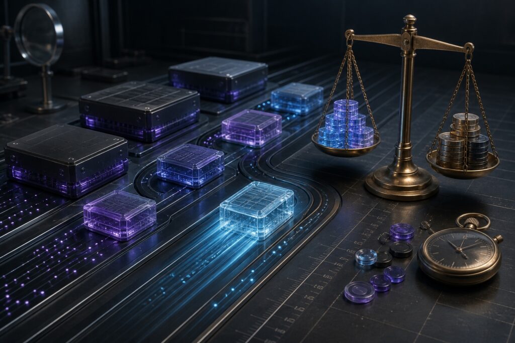 Eight AI compute cores race toward a balance scale weighing completed work against cost