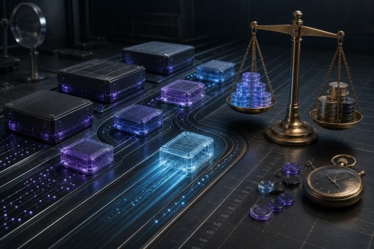 Eight AI compute cores race toward a balance scale weighing completed work against cost