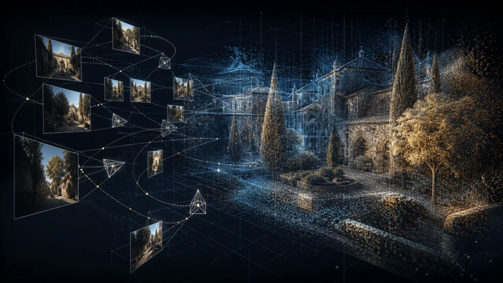 Floating reference photographs and camera paths resolving into a blue-and-gold three-dimensional point-cloud reconstruction of an architectural courtyard