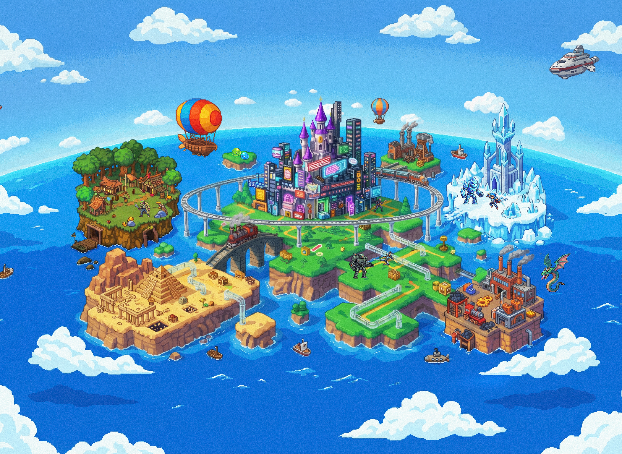 Google promotional artwork showing a pixel-art world with themed islands for Playground