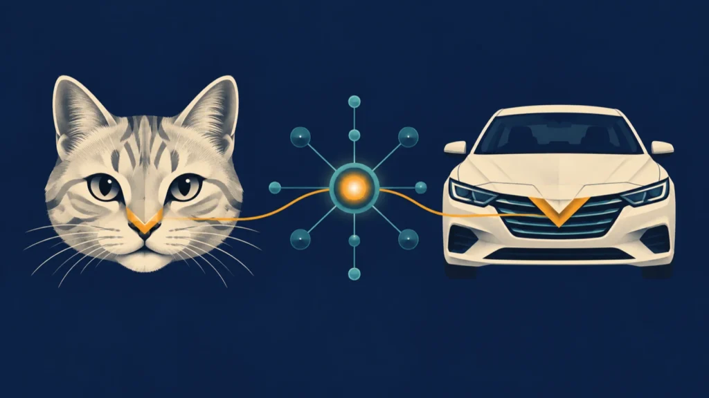 A stylized cat face and car front share a highlighted V-shaped pattern connected to a schematic neuron.