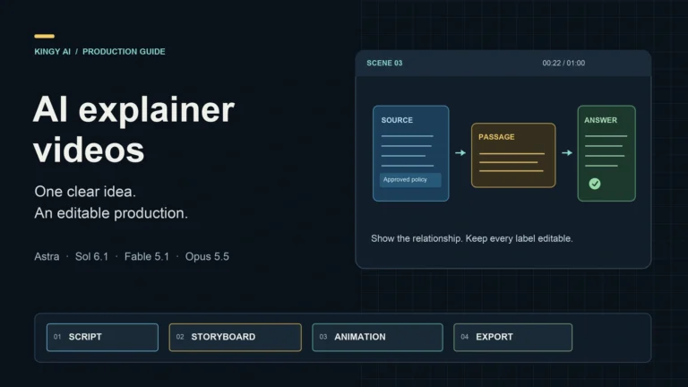 AI explainer video production diagram: an approved source supplies a passage for an answer, above a script, storyboard, animation and export timeline.