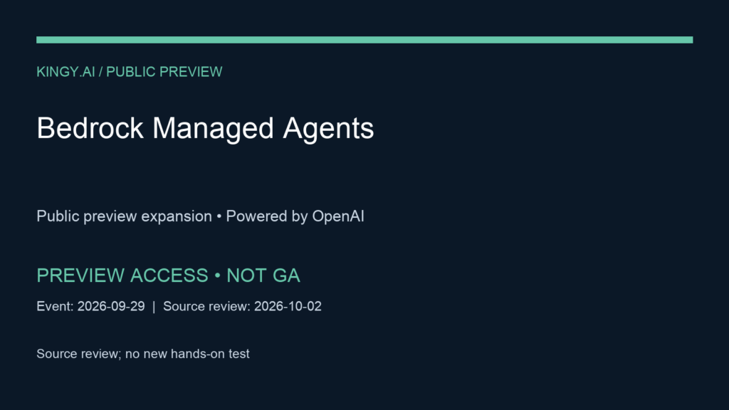 Amazon Bedrock Managed Agents, powered by OpenAI — public preview expansion. Public preview in US East (N. Virginia), US West (Oregon) and US East (Ohio); model and account eligibility apply; not GA. Event 2026-09-29. Source review; no new hands-on test.