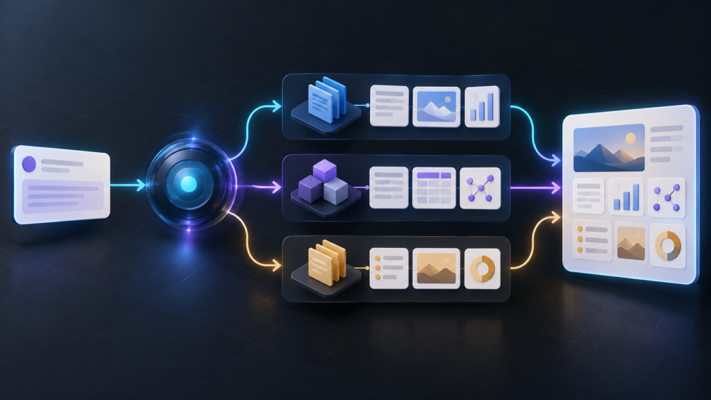 Conceptual workflow showing one request branching into three parallel agent tasks and reconverging into an inspectable final report.