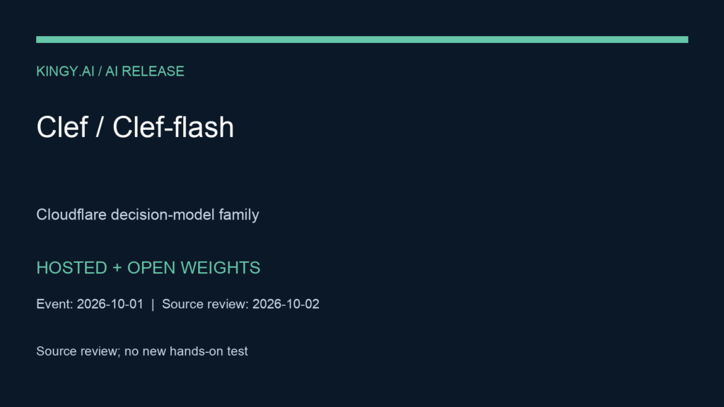 Cloudflare Clef / Clef-flash. Models hosted on Workers AI with Apache-2.0 weights for local use; RL fine-tuning initially partner-assisted; self-service fine-tuning not GA. Event 2026-10-01. Source review; no new hands-on test.