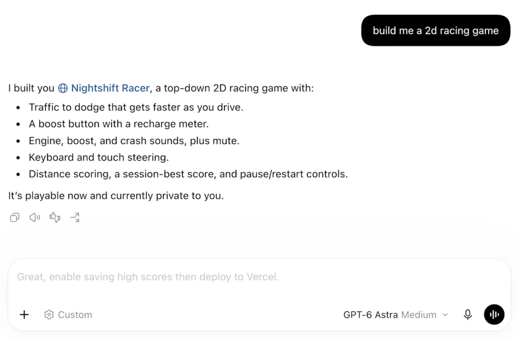 OpenAI’s Codex composer predictions example suggests adding saved high scores and deploying a racing game to Vercel