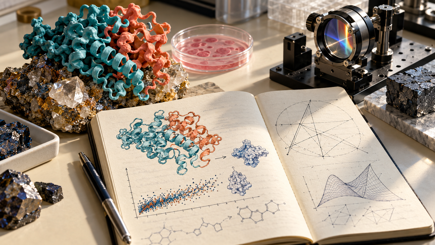 Conceptual illustration of a protein model, research notebook, optical apparatus and mineral specimens