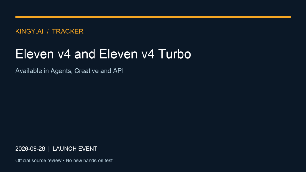 Eleven v4 and Eleven v4 Turbo. Event 2026-09-28. Available in Agents, Creative and API. Source review; no new hands-on test.