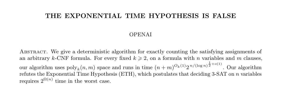Title and abstract excerpt from OpenAI’s manuscript claiming that the Exponential Time Hypothesis is false.