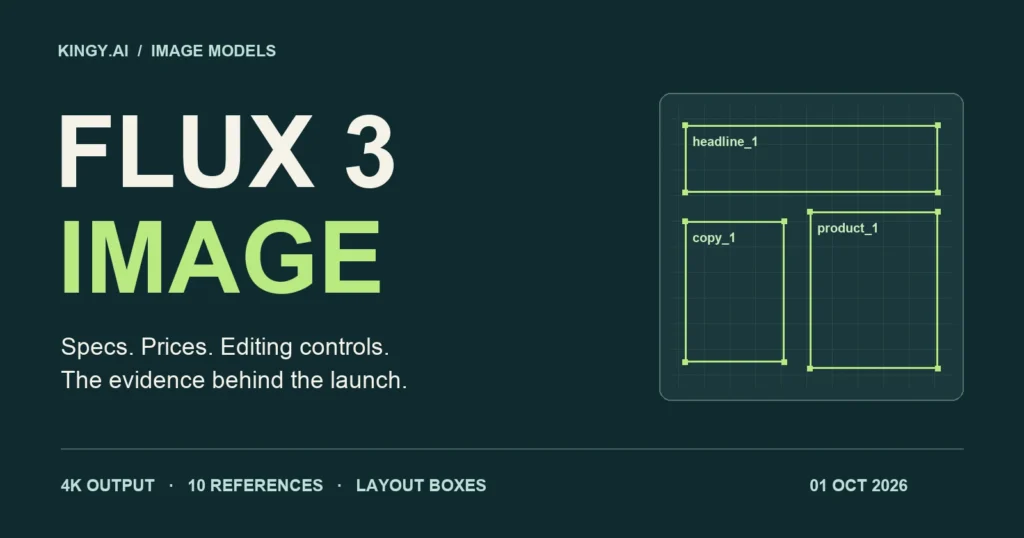 Kingy.ai FLUX 3 Image editorial cover with a schematic of headline, copy and product layout boxes. Specs, prices and editing controls; October 1, 2026.
