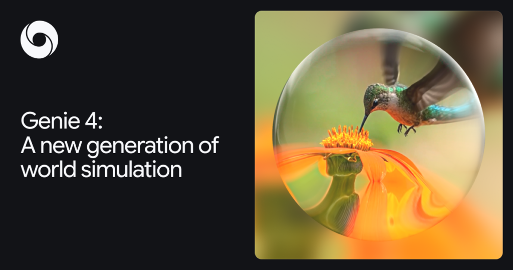 Google DeepMind Genie 4 launch artwork, with a hummingbird and flower inside a glass sphere.