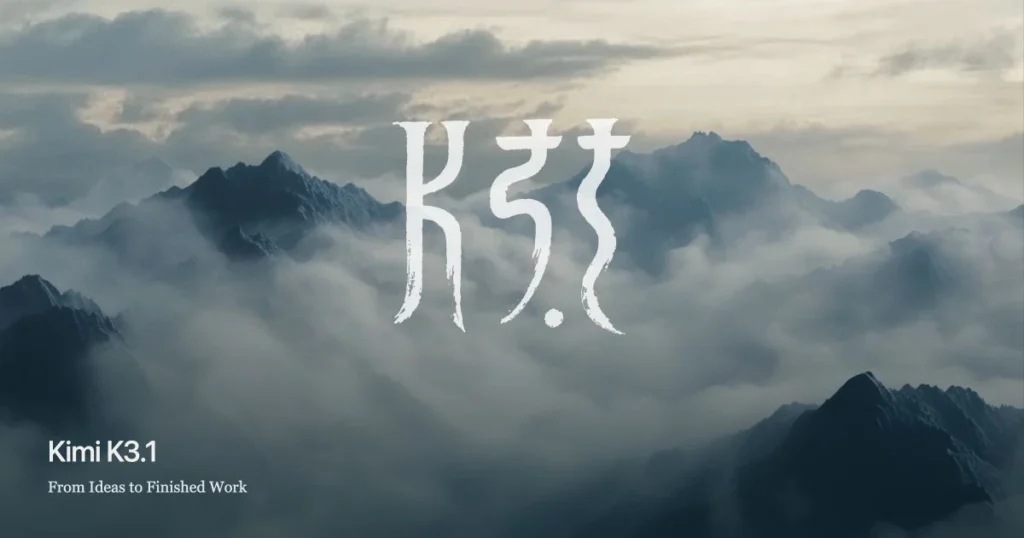 Official Kimi K3.1 launch artwork showing mountain peaks above clouds.