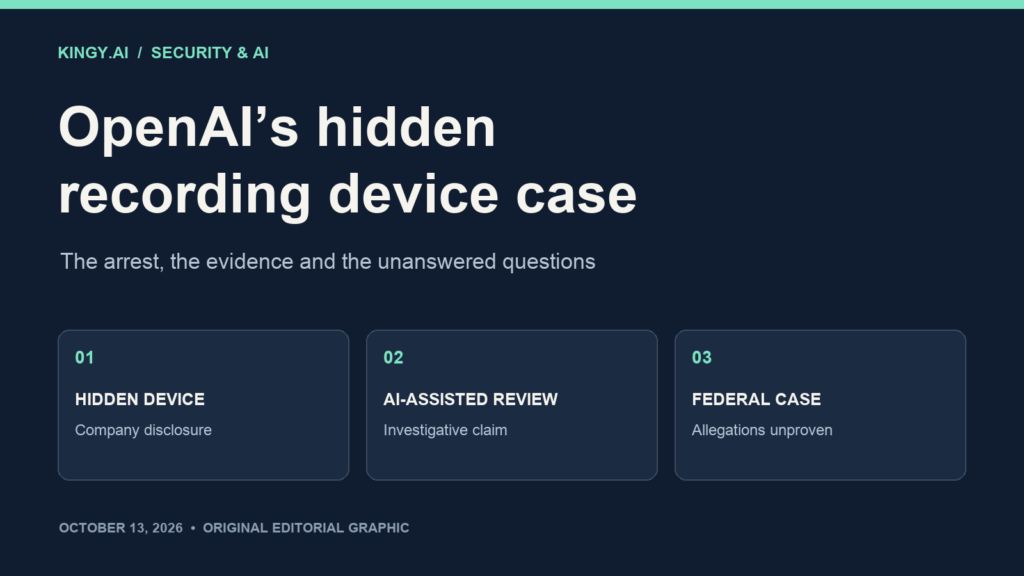 Original Kingy.ai editorial graphic about OpenAI’s recording device case: hidden device, AI-assisted review and federal allegations.