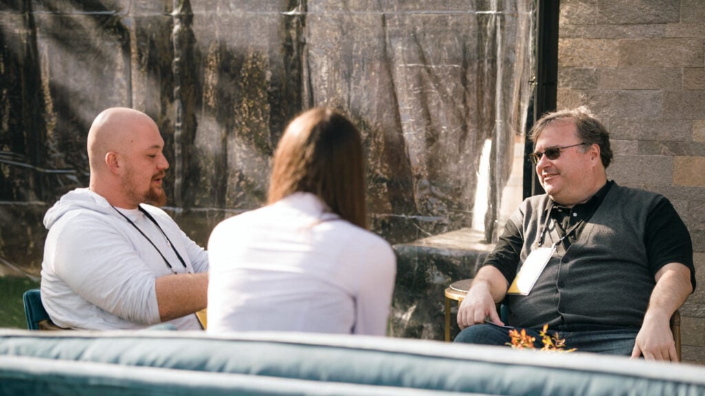 Village Global photograph titled “Amjad Masad with Reid Hoffman,” taken at The Grove on November 17, 2022.