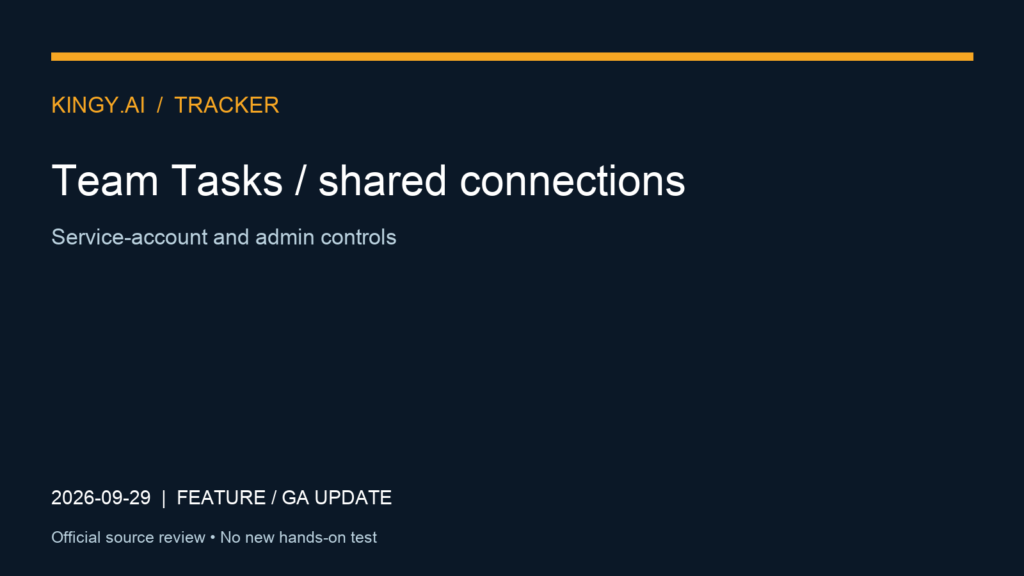 Team Tasks / shared connections. Event 2026-09-29. Service-account and admin controls. Source review; no new hands-on test.