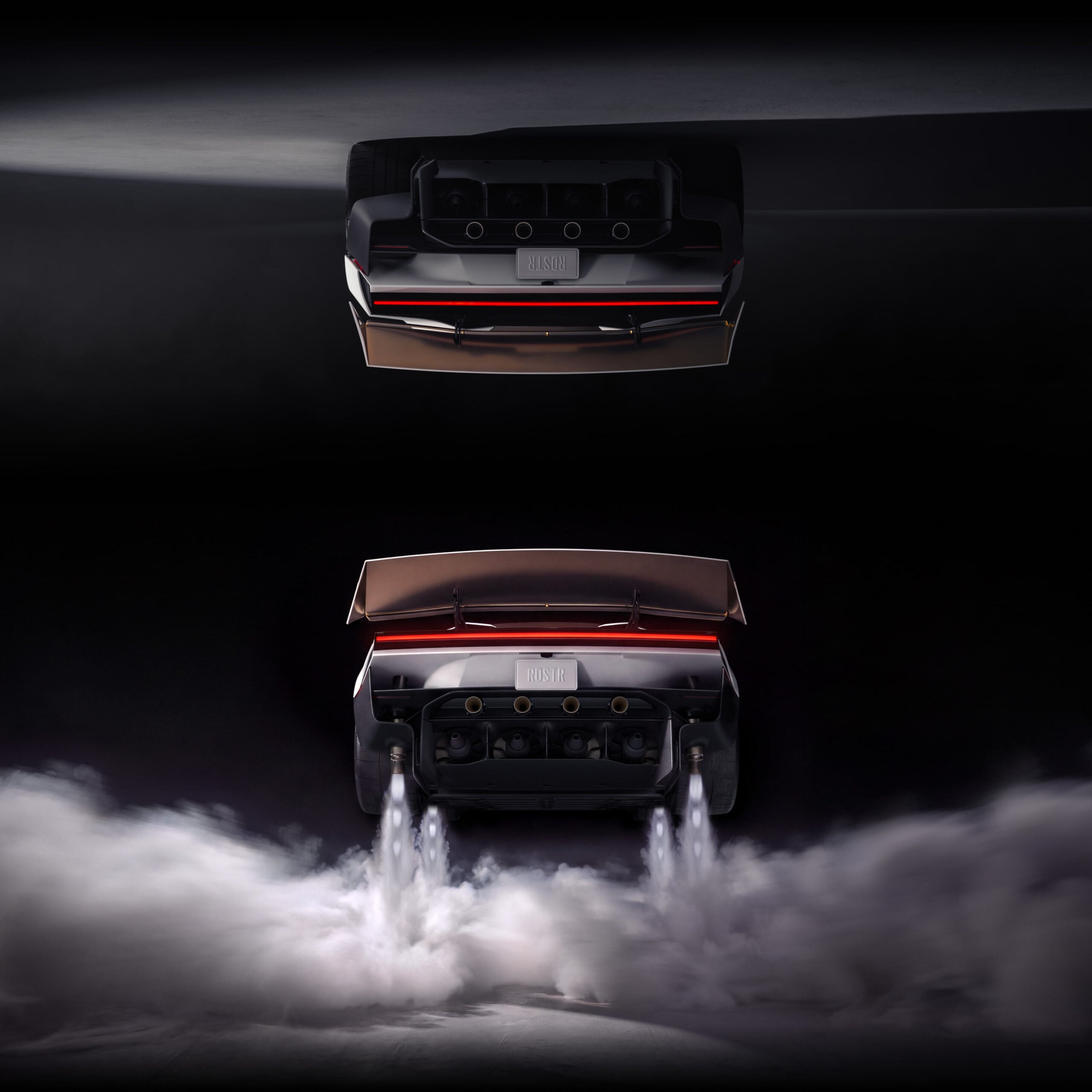 Official Tesla promotional composite showing two rear views of the Roadster, one inverted and one using downward gas jets