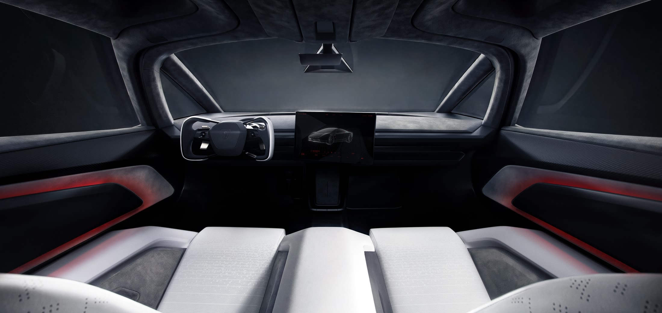 Official Tesla image of the two-seat Roadster cabin with white seats, steering yoke and centre touchscreen